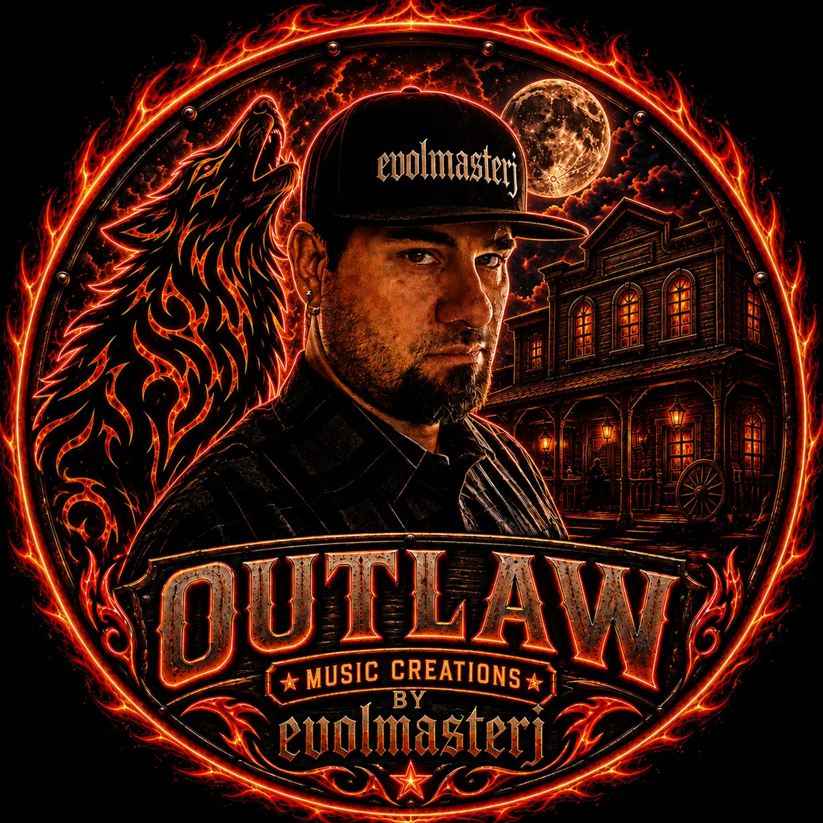 evolmasterj — artist portrait in front of the Outlaw Music Creations emblem.